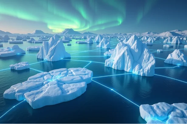 Icebergs dans l'eau reliés par une connection lumineuse, représentant l'apporche omnicanal de la plateforme d'IZBERG