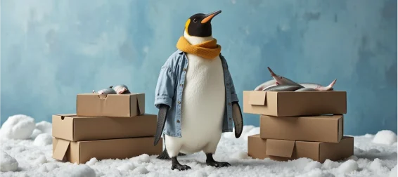 Pingouin avec boîtes de poissons illustrant les bénéfices d'un procurement moderne pour vos enjeux métiers